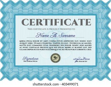 Plantilla de certificado azul claro o plantilla de diploma. Fondo complejo. Patrón vectorial que se utiliza en moneda y diplomas.Diseño superior. 