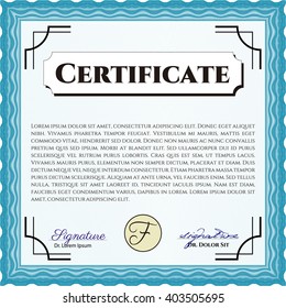 Light blue Certificate template or diploma template. Vector pattern that is used in currency and diplomas.Complex background. Superior design. 