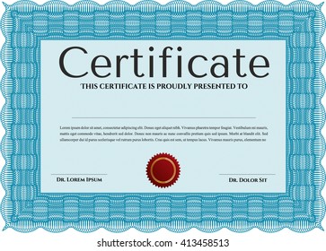 Light blue Certificate template or diploma template. Vector pattern that is used in currency and diplomas.Complex background. Superior design. 