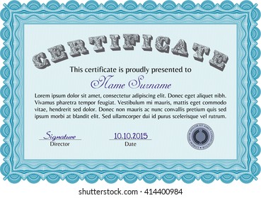 Light blue Certificate template or diploma template. Complex background. Vector pattern that is used in currency and diplomas.Superior design. 