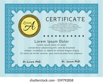 Light blue Certificate template or diploma template. Sophisticated design. Detailed. With complex linear background. 