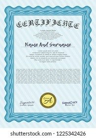 Light blue Certificate template. Easy to print. Beauty design. Vector illustration. 