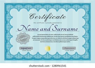 Light blue Certificate template. Easy to print. Vector illustration. Money style design. 