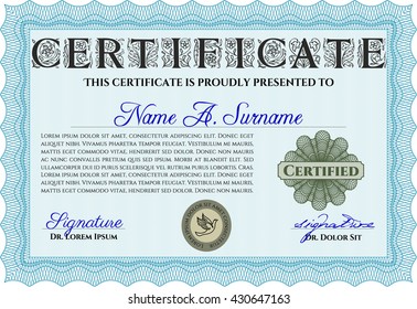Light blue Certificate template. Easy to print. Nice design. Customizable, Easy to edit and change colors. 