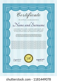 Light blue Certificate template. Elegant design. Detailed. Easy to print. 
