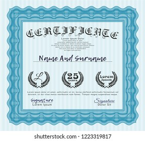 Light blue Certificate template. Elegant design. Vector illustration. Complex background. 