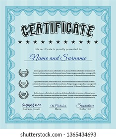 Light blue Certificate template. Elegant design. Vector illustration. With great quality guilloche pattern. 