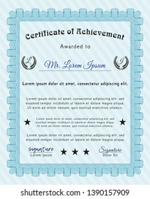 Light blue Certificate template. Elegant design. Complex background. Detailed. 