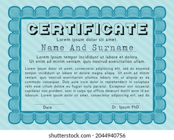 Light blue Certificate template.  Elegant design.  With complex linear background.  Detailed. 