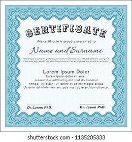 Light blue Certificate template. Excellent design. With guilloche pattern. Customizable, Easy to edit and change colors. 