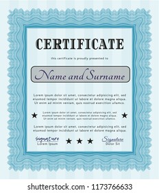 Light blue Certificate template. Good design. With guilloche pattern. Detailed. 