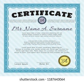 Light blue Certificate template. Good design. Easy to print. Detailed. 