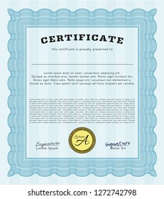 Light blue Certificate template. Good design. With background. Detailed. 