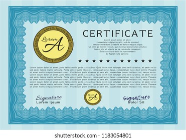 Light blue Certificate template. With great quality guilloche pattern. Good design. Customizable, Easy to edit and change colors. 