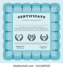 Light blue Certificate template. With great quality guilloche pattern. Detailed. Sophisticated design. 