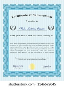 Light blue Certificate template. With guilloche pattern and background. Excellent design. Detailed. 