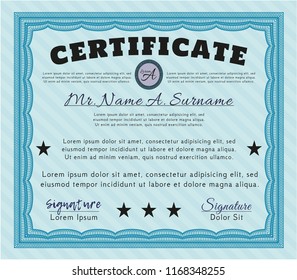 Light blue Certificate template. With guilloche pattern and background. Excellent design. Detailed. 