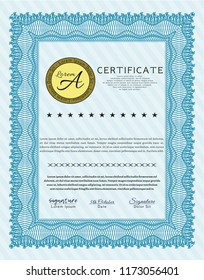 Light blue Certificate template. With guilloche pattern and background. Vector illustration. Sophisticated design. 