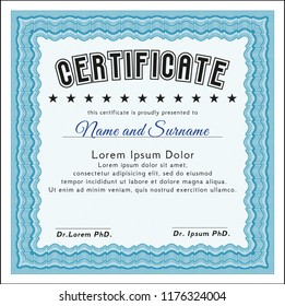 Light blue Certificate template. With guilloche pattern. Superior design. Detailed. 