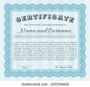 Light blue Certificate template. With guilloche pattern and background. Elegant design. Customizable, Easy to edit and change colors. 