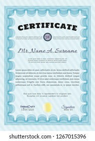 Light blue Certificate template. With guilloche pattern. Detailed. Modern design. 