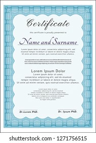 Light blue Certificate template. With guilloche pattern and background. Vector illustration. Excellent design. 