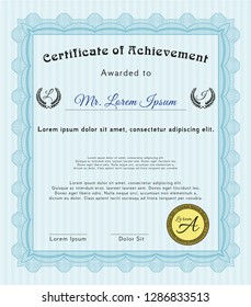 Light blue Certificate template. With guilloche pattern. Artistry design. Detailed. 