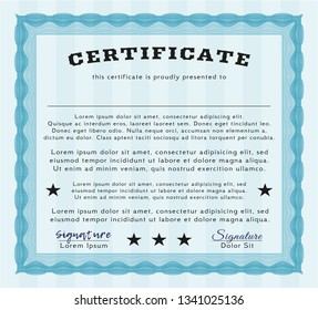 Light blue Certificate template. With guilloche pattern and background. Elegant design. Detailed. 