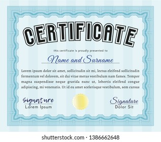 Light blue Certificate template. With guilloche pattern and background. Detailed. Beauty design. 