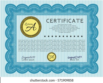 Light blue Certificate template. With guilloche pattern. Money Pattern. Detailed. 