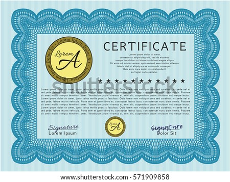 Light blue Certificate template. With guilloche pattern. Money Pattern. Detailed. 
