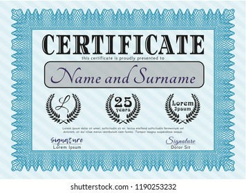 Light blue Certificate template. With linear background. Detailed. Artistry design. 