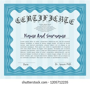 Light blue Certificate template. With linear background. Vector illustration. Perfect design. 