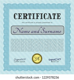 Light blue Certificate template. With linear background. Vector illustration. Sophisticated design. 