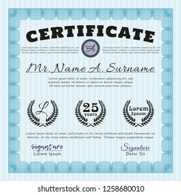 Light blue Certificate template. Lovely design. Detailed. With complex background. 