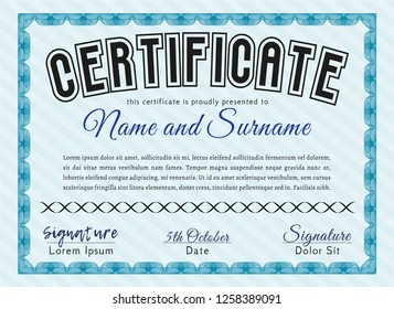 Light blue Certificate template. Modern design. Vector illustration. With guilloche pattern and background. 