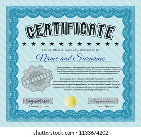 Light blue Certificate template. Money style design. Detailed. With guilloche pattern and background. 