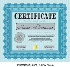 Light blue Certificate template. Money design. Detailed. With great quality guilloche pattern. 