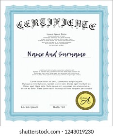 Light blue Certificate template. Money style design. Detailed. With guilloche pattern. 
