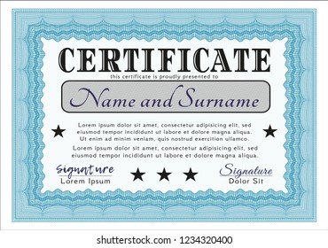 Light blue Certificate template. Nice design. With great quality guilloche pattern. Vector illustration. 