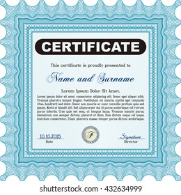 Light blue Certificate template. Nice design. Detailed. Printer friendly. 