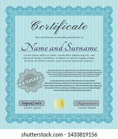Light blue Certificate template. Perfect design. With great quality guilloche pattern. Customizable, Easy to edit and change colors. 