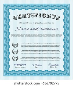 Light blue Certificate template. Perfect design. Customizable, Easy to edit and change colors. With quality background. 