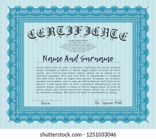 Light blue Certificate template. Printer friendly. Beauty design. Detailed. 