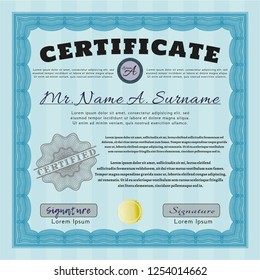 Light blue Certificate template. Printer friendly. Superior design. Detailed. 