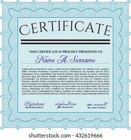 Light blue Certificate template. Printer friendly. Detailed. Nice design. 