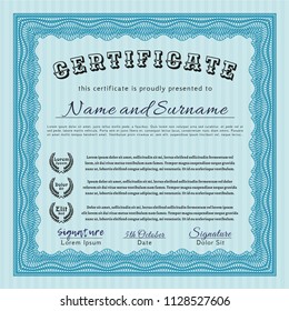 Light blue Certificate template. Retro design. With guilloche pattern. Detailed. 