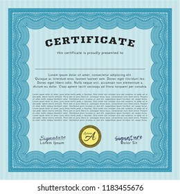 Light blue Certificate template. Retro design. With guilloche pattern and background. Customizable, Easy to edit and change colors. 