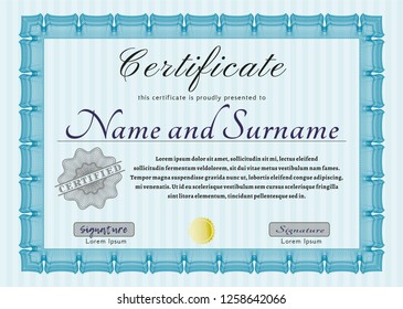 Light blue Certificate template. Retro design. Easy to print. Detailed. 