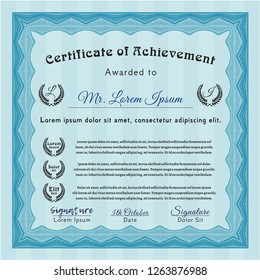 Light blue Certificate template. Retro design. Detailed. With complex linear background. 